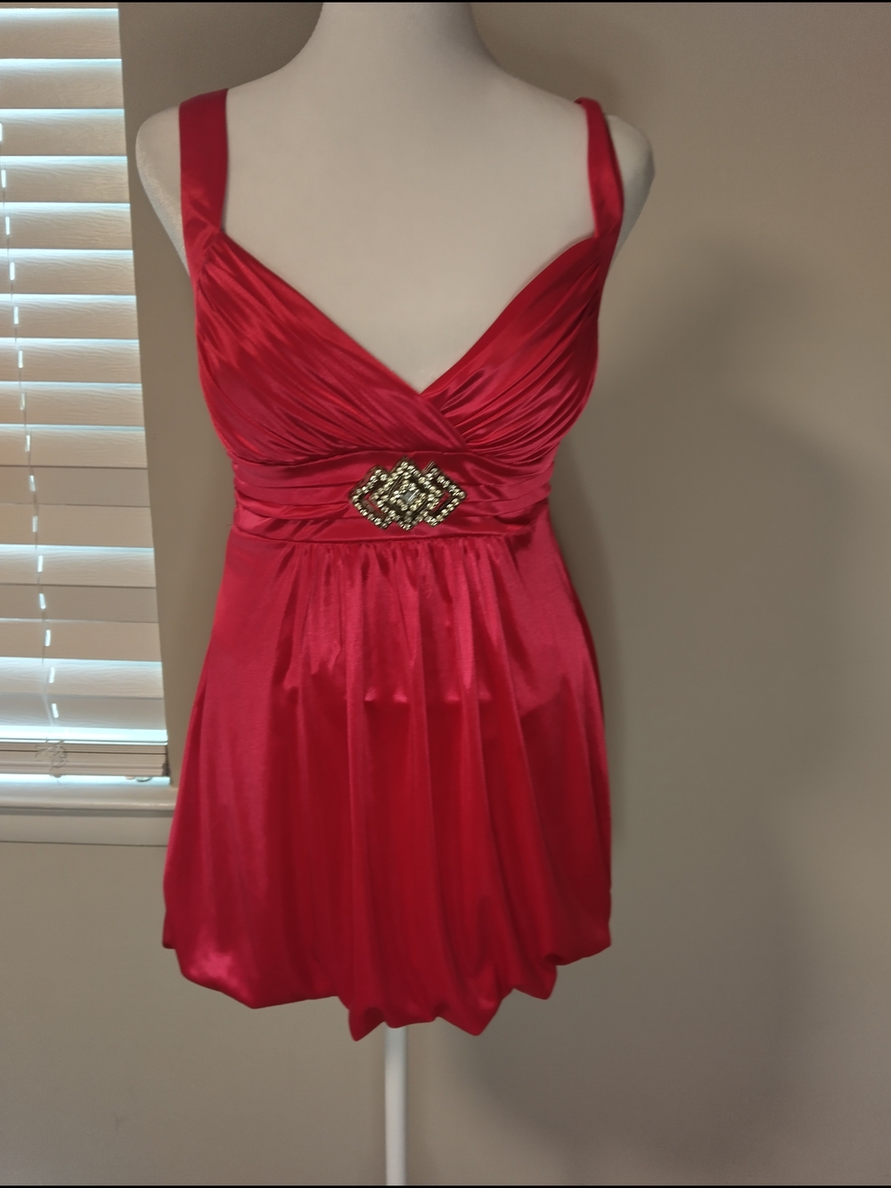 City Triangles Y2K Bright Red Satin Party Dress with Jeweled Waist